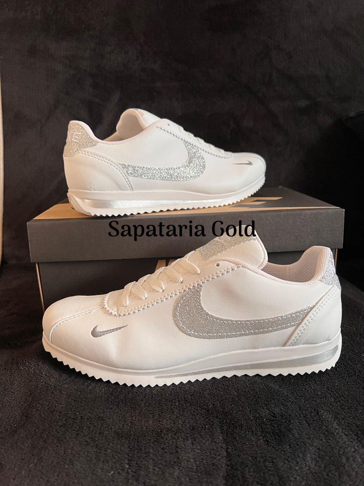 Nike Cortez Branco Gliter Prata