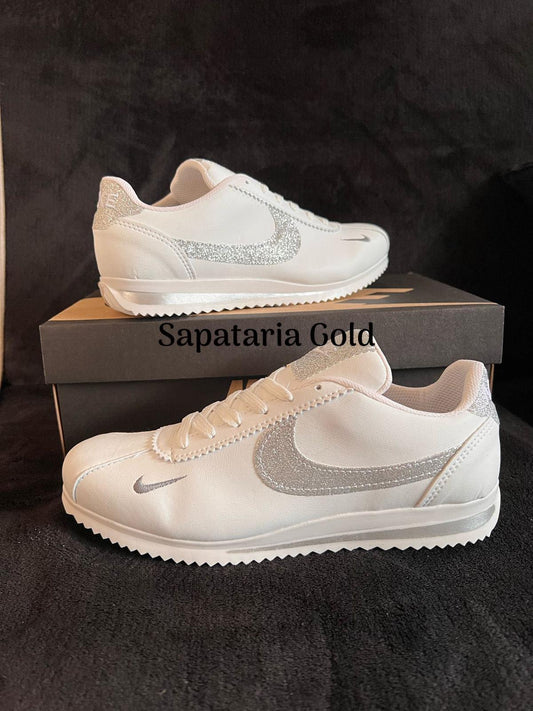 Nike Cortez Branco Gliter Prata