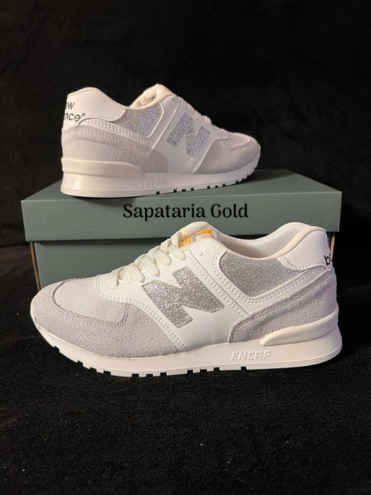 New Balance 574 Branco Gliter Prata