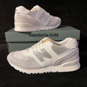 New Balance 574 Branco Glitter Prata
